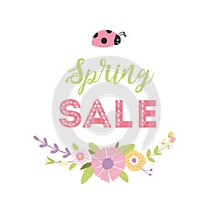 Spring Sale Banner with cute floral wreath ladybug. Vector Design Spring flower pink green colors