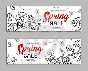 Spring sale banner with leaf and flower hand drawn on white background. Poster sale up to 50% off