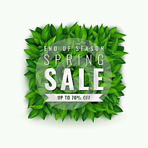 Spring sale banner with leaves. Seasonal background square frame with green spring leaves and text. Bright foliage poster