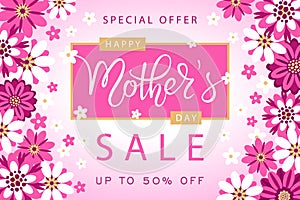 Spring sale banner with pink flowers and with elegant Mothers Day lettering