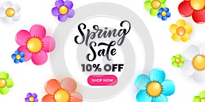 Spring sale banner or poster with colorful realistic 3d daisy flowers. Vector plastic chamomile plants design template