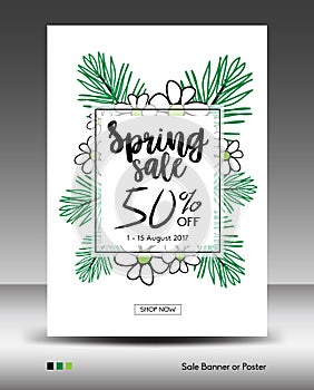 Spring Sale Banner or Poster layout template, jungle leaf