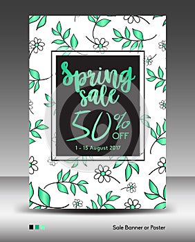 Spring Sale Banner or Poster layout template, jungle leaf