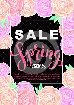 Spring sale banner with rose flowers on black background. Vector