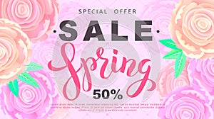 Spring sale banner with rose flowers on black background. Vector