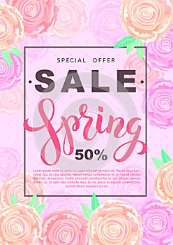 Spring sale banner with rose flowers on rose background. Vector