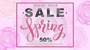 Spring sale banner with rose flowers. Vector illustration