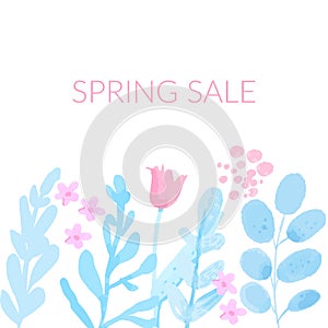 Spring sale banner with simple watercolor flowers and leaves. Delicate pastel pink and blue leaves. Feminine spring
