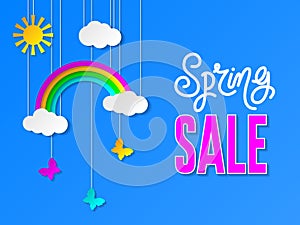 Spring sale banner with sky, butterflies and sale text. Design template for vouchers, posters, web banners.
