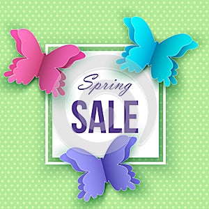 Spring sale banner template with papercut butterflies on green