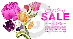Spring sale banner template with tulip flowers and pink peony.