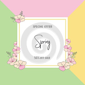 Spring sale banners poster tag design. Design with Colorful Flowers in Background for Seasonal Promotion. Voucher