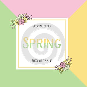 Spring sale banners poster tag design. Design with Colorful Flowers in Background for Seasonal Promotion. Voucher