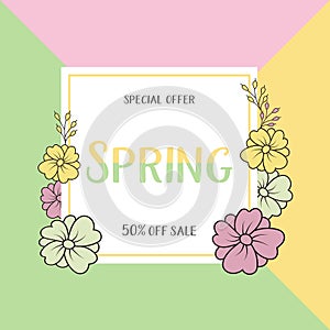 Spring sale banners poster tag design. Design with Colorful Flowers in Background for Seasonal Promotion. Voucher