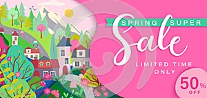 Spring sale card with springtime landscape.