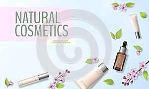 Spring sale cherry blossom organic cosmetic ad template. Skincare essence pink spring promo offer flower 3D realistic