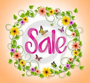 Spring Sale in a Circle Wreath of Colorful Flowers, Vines and Leaves