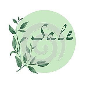 Spring sale discount banner. Watercolor hand painted foliage frame of green branch