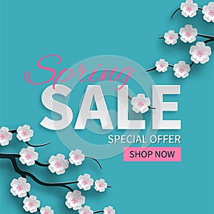 Spring sale floral banner with paper cut blooming pink cherry flowers on blue background for seasonal design of banner, flyer