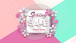 Spring sale floral banner with paper cut blossoming pink cherry flowers on a stylish geometric background for seasonal banner desi