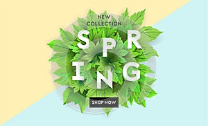 Spring sale flyer template with lettering and bright green leaves