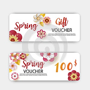 Spring sale gift vouchers discount. With leaf and colorful flowers design.