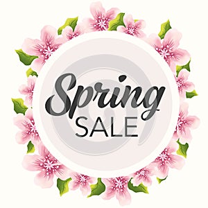 Spring sale graphic with delicate pink flowers
