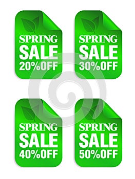 Spring sale green stickers set. Sale 20%, 30%, 40%, 50% off discount
