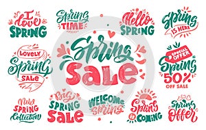 Spring sale lettering hand drawn logos set. Seasonal sellout promo retro style stickers pack