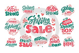 Spring sale lettering hand drawn vector logos set. Seasonal sellout