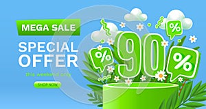 Spring sale offer 90 percentage, flyer save season. Vector illustration