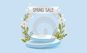 Spring sale podium, frame green gift, flower day. Vector illustration