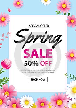 Spring sale poster banner with blooming flowers background template. Design for advertising, voucher, flyers, brochure, cover