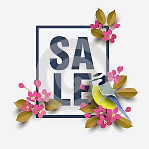 Spring SALE poster with bird sitting on a flowering branch of Sakura.