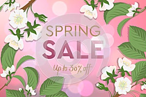 Spring Sale poster with blooming cherry. Design template card for the hotel, beauty salon, spa, restaurant, club. Vector