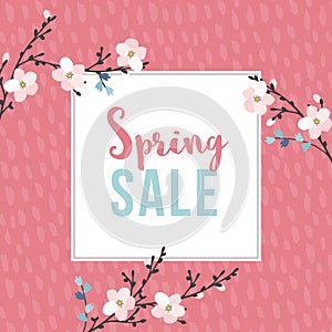 Spring sale poster with blossoming cherry tree branches. Seasonal business concept. Vector illustration backgrouns. Flat