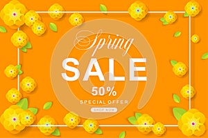 Spring Sale poster with flower and leaves decoration. For Sale d