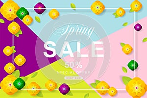 Spring Sale poster with flower and leaves decoration. For Sale d