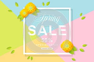 Spring Sale poster with flower and leaves decoration. For Sale d