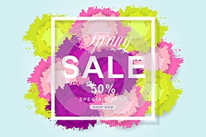 Spring Sale poster with flower and leaves decoration. For Sale d