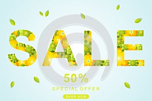 Spring Sale poster with flower and leaves decoration. For Sale d