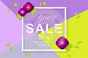 Spring Sale poster with flower and leaves decoration. For Sale d