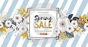 Spring sale poster with full blossom flowers and golden leaves. Spring flowers background