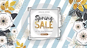 Spring sale poster with full blossom flowers and golden leaves. Spring flowers background