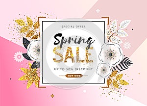 Spring sale poster with full blossom flowers and golden leaves. Spring flowers background