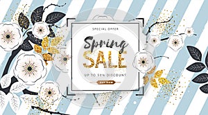 Spring sale poster with full blossom flowers and golden leaves. Spring flowers background