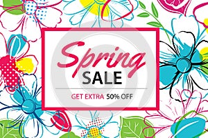 Spring sale poster template with colorful flower background.