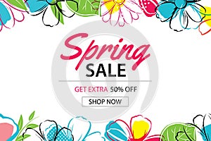 Spring sale poster template with colorful flower background.Can