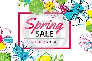 Spring sale poster template with colorful flower background.Can