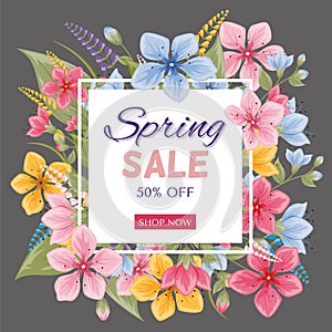 Spring sale poster template with colorful flower background.Can be use voucher, wallpaper,flyers, invitation, brochure